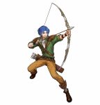  1boy armor arrow_(projectile) blue_eyes blue_hair bow_(weapon) brown_footwear clenched_hand fire_emblem fire_emblem:_thracia_776 fire_emblem_heroes full_body green_shirt headband holding holding_bow_(weapon) holding_weapon official_art open_mouth pants pauldrons quiver ronan_(fire_emblem) shirt shoulder_armor uroko_(mnr) weapon white_headband 