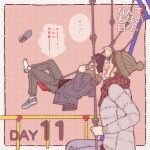  1boy 1girl black_hair brown_hair couple hat highres jacket jorori original scarf short_hair swing swing_set 