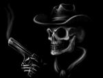 absurd_res alanep animated_skeleton bandanna bone clothing cowboy_hat ghost_(tcr) gun hat headgear headwear hi_res humanoid kerchief male not_furry ranged_weapon simple_background skeleton skull smoke smoking_gun solo true_capitalist_radio undead weapon