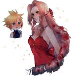  1boy 1girl aerith_gainsborough armor arms_behind_back back_bow bangs bare_shoulders blonde_hair blue_eyes blush bow breasts brown_hair chibi cleavage cloud_strife dress final_fantasy final_fantasy_vii final_fantasy_vii_remake flamenco_dress flower gold_necklace green_eyes hair_between_eyes hair_flower hair_ornament hair_ribbon jewelry long_hair medium_breasts necklace official_alternate_costume parted_bangs parted_lips red_dress red_flower red_ribbon ribbon ringlets sera_(serappi) short_hair shoulder_armor sidelocks single_bare_shoulder sleeveless sleeveless_turtleneck smile sparkle star_(symbol) star_necklace strapless strapless_dress turtleneck upper_body wavy_hair white_background wide-eyed 