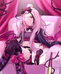  1girl armchair black_jacket bow chair crossed_legs curtains demon_wings eyepatch flower hair_bow hair_bun hair_flower hair_ornament halo highres jacket long_hair looking_at_viewer medical_eyepatch midriff nai502 navel nijisanji nijisanji_en pillow pink_hair red_eyes rose rosemi_lovelock rosemi_lovelock_(4th_costume) sitting smile solo thorns wings 