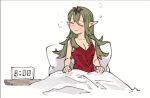 1girl alarm_clock alternate_hairstyle bangs blush breasts chibi cleavage clock closed_eyes closed_mouth commentary dress english_commentary fire_emblem fire_emblem_awakening hair_between_eyes hair_ornament long_hair medium_breasts on_bed red_dress sakuremi sitting sleepy solo strapless strapless_dress tiki_(adult)_(fire_emblem) tiki_(fire_emblem) under_covers white_background 