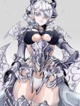  1girl armor breasts covered_nipples demon_girl duel_monster earrings gauntlets grey_eyes grey_hair hair_between_eyes highres horns jewelry lady_labrynth_of_the_silver_castle large_breasts lovely_labrynth_of_the_silver_castle low_wings pointy_ears revealing_clothes short_hair slit_pupils solo transparent_wings wings yu-gi-oh! yukitaka_(zzzzz) 