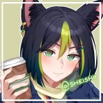  1boy animal_ear_fluff animal_ears artist_name black_hair blue_jacket closed_mouth cup earrings fox_boy fox_ears genshin_impact green_eyes green_hair hair_between_eyes hair_ornament hairclip holding holding_cup jacket jewelry looking_at_viewer male_focus multicolored_hair sheishii short_hair smile streaked_hair tighnari_(genshin_impact) twitter_username 