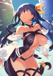  1girl asymmetrical_wings bare_shoulders black_choker black_wings blue_hair blue_sky breasts center_opening choker closed_mouth cloud cloudy_sky day dizzy_(guilty_gear) guilty_gear guilty_gear_xrd highres large_breasts long_hair looking_to_the_side navel optionaltypo outdoors red_eyes ribbon sky smile solo tail tail_ornament tail_ribbon thighs white_wings wings 