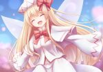  1girl absurdres blonde_hair bow bowtie capelet closed_eyes commentary_request dress fairy fairy_wings hat hat_bow highres lily_white long_hair long_sleeves messiah_&amp;_crea open_mouth red_bow red_bowtie smile solo touhou very_long_hair white_capelet white_dress white_headwear wings 