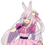  1girl ;d animal_ears cosplay dress gloves grey_hair hitsuki_rei holding holding_microphone hoshino_ai_(oshi_no_ko) hoshino_ai_(oshi_no_ko)_(cosplay) indie_virtual_youtuber long_hair looking_at_viewer microphone multicolored_hair nica_wolper one_eye_closed one_side_up oshi_no_ko outstretched_arm pink_dress pink_gloves pink_hair pointing pointing_at_viewer rabbit_ears red_eyes simple_background smile solo star_(symbol) streaked_hair symbol-shaped_pupils very_long_hair virtual_youtuber white_background 