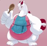 2023 ambiguous_gender anthro apron apron_only belly belly_squish big_belly big_hands biped blue_apron blue_eyes clothing cutlery digital_drawing_(artwork) digital_media_(artwork) fan_character fangs feet full-length_portrait generation_2_pokemon hair hair_over_eye hi_res holding_spoon kinachi_(lugiaberry)_(character) kitchen_utensils legendary_pokemon looking_at_viewer lugia male_(lore) moobs multicolored_body nintendo obese obese_ambiguous obese_anthro one_eye_obstructed open_mouth open_smile overweight overweight_ambiguous overweight_anthro pink_belly pink_body pokemon pokemon_(species) portrait shiny_pokemon smile solo spoon squish standing tail teeth thick_tail three-quarter_view tools two_tone_body undersized_clothing white_body white_hair wooden_spoon xeniyy