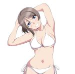  1girl alternate_hairstyle barkhorn0331 bikini blue_eyes blush breasts brown_hair cleavage commentary highres love_live! love_live!_sunshine!! short_hair simple_background smile solo swimsuit watanabe_you 