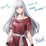  1girl 2024 ancient_ys_vanished arms_at_sides breasts character_name collarbone dated dress grey_eyes grey_hair highres long_hair medium_breasts minamoto80486 parted_lips reah_(ys) red_dress sash short_sleeves simple_background smile solo white_background white_sash ys 