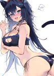  1girl :d alternate_costume animal_ears arknights ass black_choker blaze_(arknights) blue_bra blue_eyes blue_hair blue_panties bra breasts cat_cutout cat_ears cat_lingerie cat_tail choker cleavage cleavage_cutout clothing_cutout commentary highres kyuu_(plastic_night_q) large_breasts long_hair looking_at_viewer meme_attire open_mouth panties side-tie_panties simple_background smile solo spoken_blush symbol-only_commentary tail underwear white_background 