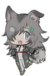  1girl animal_ears blush_stickers bodysuit borrowed_character chest_harness chibi colored_tips dog_ears dog_girl dog_tail ear_down fang full_body gradient_eyes grey_bodysuit grey_eyes grey_footwear grey_hair hair_over_one_eye hand_on_own_hip harness lapithai long_hair looking_at_viewer lowres multicolored_eyes multicolored_hair open_mouth original pale_skin simple_background solo standing standing_on_one_leg tail transparent_background 