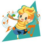  1boy blonde_hair blue_shorts blush_stickers full_body hitofutarai holding holding_stick index_finger_raised lucas_(mother_3) male_focus mother_(game) mother_3 musical_note open_mouth shirt shorts socks solid_oval_eyes solo staff_(music) stick striped striped_shirt white_socks yellow_footwear 