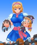  1girl alice_margatroid blonde_hair blue_background blue_dress blue_eyes blurry blurry_foreground blush breasts character_doll closed_mouth commentary_request cookie_(touhou) cowboy_shot crying crying_with_eyes_open doll dress frilled_hairband frilled_necktie frilled_sash frills frown gradient_background hairband highres holding holding_doll kirisame_marisa large_breasts medium_bangs muscular muscular_female necktie pink_hairband pink_necktie pink_sash rei_(cookie) sad sakuranbou_(cookie) sash shirt short_hair sleeveless sleeveless_dress solo stuffing tears touhou tsukuru_hajime white_shirt 