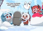 1other 4girls :d ambiguous_gender arknights blush bright_pupils chibi coat crazy_eyes doctor_(arknights) english_text frostnova_(arknights) frozen ghost hood hood_up hooded_coat horns ice kinohara_kossuta mudrock_(arknights) multiple_girls open_mouth outdoors pink_eyes red_eyes red_hair scarf skadi_(arknights) skadi_(waverider)_(arknights) smile snow surtr_(arknights) white_hair white_headwear white_pupils winter winter_clothes winter_coat 