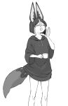  1boy alternate_costume animal_ears bare_legs closed_eyes commentary cup fox_boy fox_ears fox_tail genshin_impact hand_up highres himeko_(nico6v6pachi) holding holding_cup hood hoodie male_focus monochrome no_pants open_mouth short_hair simple_background sketch solo tail tearing_up tighnari_(genshin_impact) white_background yawning 