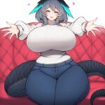  absurdres arknights blue_eyes breasts commission couch curvy denim detached_sleeves gigantic_breasts grey_hair head_wings heart highres ho&#039;olheyak_(arknights) jeans outstretched_arms pants pixiv_commission rikuguma smile sweater tail taut_sweater wide_hips wings 