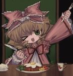  1girl black_background blonde_hair bow carrot chair coat commentary_request cup drill_hair flat_chest fork fried_egg frilled_bow frills green_eyes hair_between_eyes hair_bow hamburger_steak highres hinaichigo holding holding_fork holding_knife knife lolita_fashion long_sleeves looking_at_viewer medium_bangs medium_hair meyou_0319 neck_ribbon one_eye_closed open_mouth pink_bow pink_coat plate quad_drills red_ribbon ribbon rozen_maiden simple_background single_blush_sticker smile solo table teacup upper_body 