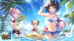  3girls ;d antenna_hair armpits ball bare_shoulders beach beachball belt benghuai_xueyuan bikini bird black_bikini black_shorts blue_bikini blue_eyes blue_hair blue_sky breasts bronya_zaychik brown_bikini chinese_commentary cleavage cloud cloudy_sky copyright_name day eating flower flower_bikini food frilled_bikini frills grey_eyes grey_hair hair_between_eyes hair_flower hair_ornament hair_over_one_eye highres holding holding_food homu_(honkai_impact) honkai_(series) ice_cream innertube multicolored_hair multiple_girls official_art one_eye_closed open_mouth outdoors palm_tree purple_hair seagull second-party_source seele_vollerei shorts sin_mal sky smile summer sunflower sunflower_hair_ornament swim_ring swimsuit tattoo tree two-tone_hair wading water water_gun yellow_eyes 