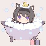  1girl :3 akemi_homura animal_ears bath bathtub black_hair black_hairband blush bubble_bath cat_ears chibi closed_mouth hairband long_hair long_sleeves looking_at_viewer mahou_shoujo_madoka_magica purple_eyes rubber_duck smile solo yuno385 