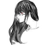  1girl bangs closed_mouth cropped_head glasses highres kamishiro_rize long_hair profile red_eyes simple_background solo spot_color tokyo_ghoul white_background yourfreakyneighbourh 