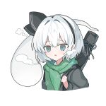  1girl alternate_costume black_hairband black_jacket black_ribbon black_sleeves blue_eyes breath commentary_request ghost green_scarf grey_ribbon hair_ribbon hairband highres holding_strap jacket konpaku_youmu konpaku_youmu_(ghost) light_blush long_sleeves looking_ahead open_clothes open_jacket parted_lips ribbon scarf sheath sheathed shirocha_tei shirt short_hair simple_background solo sparkle sweater_jacket touhou twitter_username upper_body weapon weapon_on_back white_background white_hair white_shirt winter_clothes 
