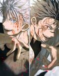  2boys absurdres black_hair bleeding blood blood_in_hair blood_on_clothes blood_on_face blood_on_hands blue_eyes bruise cuts extra_eyes facial_tattoo forehead_tattoo gojou_satoru highres injury jujutsu_kaisen looking_at_viewer male_focus multiple_boys open_mouth red_eyes ryoumen_sukuna_(jujutsu_kaisen) shirt short_hair smile spiked_hair tattoo upper_body white_background white_hair yoon_(dmsco1803) 