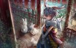  1girl animal_ears bangs elbow_gloves fur_collar fur_gloves gloves grey_hair highres japanese_clothes kajaneko kimono looking_at_viewer mole mole_under_eye obi original overgrown rabbit rabbit_ears red_eyes sash short_hair sleeveless sleeveless_kimono solo 