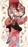  akiyama_mizuki bag ball black_headwear bow bowtie earrings frills highres holding holding_umbrella japanese_clothes jewelry kiekoio layered_skirt lolita_fashion long_sleeves origami paper_crane pearl_earrings project_sekai ribbon shopping_bag skirt temari_ball umbrella 