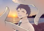  1boy beach blurry blurry_background brown_hair closed_eyes collared_shirt danganronpa_(series) danganronpa_2:_goodbye_despair facing_viewer finger_frame highres hinata_hajime natsukusa_(hacho129) necktie ocean shirt short_hair solo_focus spiked_hair sun tongue 