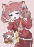  1girl :d absurdres ahoge akami_karubi animal_bag animal_ears animal_hands blue_ribbon blush burger chibi chibi_inset commentary_request cowboy_shot food gloves grey_eyes hair_ribbon hands_up highres indie_virtual_youtuber jacket jitome kunoichi_kazuhito_(kuno_kazu) looking_at_viewer name_tag open_mouth pants paw_gloves pink_background red_hair red_jacket red_pants red_tail ribbon short_twintails simple_background single_glove smile track_jacket twintails 