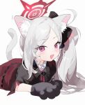  1girl animal_ears animal_hands black_gloves black_shirt blue_archive blush cat_ears cat_paws cat_tail gloves grey_hair highres long_hair looking_at_viewer measho mutsuki_(blue_archive) open_mouth paw_gloves pink_eyes red_skirt shirt short_sleeves side_ponytail simple_background skirt smile solo tail white_background 