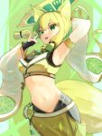  1girl absurdres animal_ears blonde_hair breasts bridal_gauntlets crop_top detached_sleeves duel_monster fox_ears fox_girl fox_tail green_eyes hair_between_eyes highres holding hu-li_the_jewel_mikanko long_sleeves medium_breasts midriff multicolored_hair navel short_hair_with_long_locks solo streaked_hair tail tongari_kin wide_sleeves yu-gi-oh! 