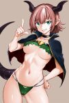  1girl ass_visible_through_thighs black_choker blue_eyes breasts cameltoe capelet choker collarbone covered_nipples cowboy_shot dragon_girl dragon_horns dragon_tail green_panties grey_background grin hand_on_own_hip hand_up high_collar highres horns legs_apart medium_breasts midriff minamoto80486 navel original panties pink_hair pointy_ears short_hair simple_background smile solo tail tail_raised teeth torn_capelet torn_clothes underboob underwear 