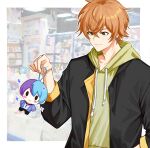  1boy absurdres aoyagi_touya aqua_hair black_jacket black_pants blue_hair blue_jacket blurry blurry_background blush_stickers border closed_mouth commentary_request earrings fingernails green_eyes hair_between_eyes hand_in_pocket highres hood hoodie hugging_doll hugging_object indoors jacket jewelry lamp long_sleeves looking_at_object male_focus multicolored_hair open_clothes open_jacket orange_hair outside_border pants pocket project_sekai pukadoki_(banilla4086) shelf shinonome_akito solo split-color_hair upper_body white_border yellow_hoodie 