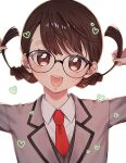  1girl blazer blush braid brown_eyes brown_hair close-up collared_shirt glasses heart highres holding holding_hair iin_chiyo jacket kimi_no_koto_ga_dai_dai_dai_dai_daisuki_na_100-nin_no_kanojo looking_at_viewer necktie open_mouth popo_po731 red_necktie school_uniform shirt short_hair solo swept_bangs twin_braids white_background white_shirt 