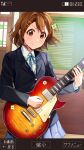  1girl blazer blue_jacket blue_ribbon blush book_the_star brown_eyes brown_hair closed_mouth collared_shirt electric_guitar fake_phone_screenshot fake_screenshot grey_skirt guitar highres hirasawa_yui holding holding_instrument indoors instrument jacket k-on! long_sleeves music neck_ribbon playing_instrument pleated_skirt ribbon sakuragaoka_high_school_uniform school_uniform shirt short_hair skirt smile solo white_shirt winter_uniform 