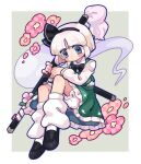  1girl black_footwear black_hairband black_ribbon bloomers blue_eyes blush closed_mouth collared_shirt frilled_skirt frills full_body green_skirt green_vest grey_hair hair_ribbon hairband harunori_(hrnrx) highres hitodama katana konpaku_youmu konpaku_youmu_(ghost) long_sleeves loose_socks ribbon sheath sheathed shirt shoes short_hair skirt socks solo sword touhou vest weapon white_bloomers white_shirt white_socks 