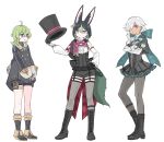  1girl 2boys :o ahoge animal_ears argyle arm_at_side back_bow black_corset black_dress black_footwear black_headwear black_jacket black_shorts blue_bow boots bow bowtie collei_(genshin_impact) commentary corset cosplay crossdressing crossed_arms cyno_(genshin_impact) dark-skinned_male dark_skin detached_sleeves dress fox_boy fox_ears fox_tail freminet_(genshin_impact) freminet_(genshin_impact)_(cosplay) genshin_impact gold_trim green_eyes green_hair grey_pantyhose grey_thighhighs hat highres himeko_(nico6v6pachi) holding holding_clothes holding_hat jacket long_sleeves looking_at_another looking_at_viewer lynette_(genshin_impact) lynette_(genshin_impact)_(cosplay) lyney_(genshin_impact) lyney_(genshin_impact)_(cosplay) multiple_boys pantyhose pink_bow pink_bowtie pink_eyes purple_eyes red_eyes shirt short_hair shorts simple_background single_leg_pantyhose tail thigh_strap thighhighs tighnari_(genshin_impact) top_hat two-tone_eyes unworn_hat unworn_headwear white_background white_pantyhose white_shirt 