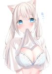  1girl absurdres animal_ear_fluff animal_ears blue_bra blue_eyes blush bra breasts cat_ears cat_girl clothes_in_mouth highres kmr_7m long_hair medium_breasts mouth_hold original shirt shirt_in_mouth short_sleeves solo translation_request twintails underwear upper_body white_hair white_shirt 