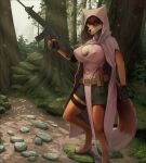 2024 5_fingers anthro assault_rifle barefoot belt belt_buckle big_breasts black_nose bottomwear breasts brown_eyes canid canine claws clothed clothing countershade_face countershade_torso countershading detailed_background digital_media_(artwork) dipstick_tail disney eyebrows feet female finger_claws fingers fluffy fluffy_tail forest fox gloves green_bottomwear green_clothing green_shorts gun handwear headdress headgear headwear hi_res holding_object holding_weapon hood looking_at_viewer maid_marian mammal markings needleart nipple_outline outside paws pink_clothing plant ranged_weapon rifle robin_hood_(disney) shorts solo standing tail tail_markings toe_claws tree watermark weapon