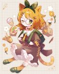  1girl animal_ears backpack bag blonde_hair cat_ears cat_girl cat_tail coffee_cup cup disposable_cup dress full_body glasses green_eyes grey_background hair_ornament hairband hairclip highres one_eye_closed original randoseru round_eyewear saijo1201 tail 