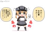  1girl anchor_hair_ornament aqua_eyes black_skirt black_socks blonde_hair chibi commentary_request flying_sweatdrops full_body gloves goma_(yoku_yatta_hou_jane) hair_ornament hat holding holding_sack kantai_collection long_hair low_twintails microskirt military military_uniform open_mouth peaked_cap pillow pleated_skirt prinz_eugen_(kancolle) sack simple_background skirt socks solo standing translation_request twintails twitter_username uniform wavy_mouth white_background white_gloves 