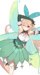  1girl absurdres blonde_hair closed_mouth dress elbow_gloves fairy fairy_wings gloves green_dress green_gloves green_ribbon green_skirt hair_between_eyes hair_ornament hair_ribbon highres long_hair looking_at_viewer nijisanji nijisanji_en one_eye_closed pako_(pakosun) pointy_ears pomu_rainpuff pomu_rainpuff_(1st_costume) red_eyes ribbon simple_background sketch skirt smile solo virtual_youtuber white_background wings 