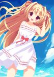  1girl :d arm_at_side arm_up blonde_hair blue_sky blush bow commentary_request cowboy_shot day dress dress_bow floating_clothes floating_hair frilled_dress frills hair_between_eyes hair_intakes hair_ribbon happy highres irotoridori_no_sekai long_hair looking_at_viewer minase_kaya nikaidou_shinku official_alternate_costume open_mouth outdoors partial_commentary red_bow red_eyes red_ribbon ribbon simple_background sky sleeveless sleeveless_dress smile solo sundress two_side_up very_long_hair white_dress 