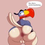 2024 absurd_res anthro anus avian balls beak bent_over big_butt bird black_eyes blue_body blue_feathers blush bucerotiform butt butt_grab colossalstars digital_media_(artwork) disney english_text feathered_tail feathers genitals half-closed_eyes hand_on_butt hi_res hornbill looking_at_viewer looking_back male multicolored_body multicolored_feathers narrowed_eyes orange_beak pink_background presenting presenting_anus presenting_hindquarters red-billed_hornbill red_beak simple_background solo speech_bubble tail text the_lion_king thick_thighs two_tone_beak two_tone_body two_tone_feathers white_body white_feathers white_tail zazu_(the_lion_king)