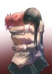  2girls absurdres akemi_homura black_hair black_hairband black_skirt brown_shirt chinese_commentary commentary_request gradient_background hairband hand_on_another&#039;s_back hand_on_another&#039;s_shoulder highres hug juliet_sleeves kaname_madoka long_hair long_sleeves mahou_shoujo_madoka_magica mahou_shoujo_madoka_magica_(anime) mitakihara_school_uniform multiple_girls pink_hair plaid plaid_skirt pleated_skirt puffy_sleeves red_background scene_reference school_uniform shao_ziye shirt skirt twintails white_background 