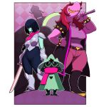  2boys 2girls absurdres armor belt black_hair blue_skin breasts colored_skin deltarune full_body furry glasses gloves hair_over_eyes hat highres holding jevil kakuzatou_(satousatotototo) kris_(deltarune) large_breasts long_hair multiple_boys multiple_girls ralsei scarf shaded_face short_hair smile susie_(deltarune) sword teeth weapon 