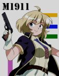  1990s_(style) 1girl ahoge american_flag american_flag_print belt black_belt blonde_hair blue_eyes blue_jacket breasts character_name closed_mouth collared_shirt commentary_request flag_print girls&#039;_frontline gloves grey_background gun hand_up handgun highres holding holding_gun holding_weapon jacket ki-51_(ampullaria) m1911 m1911_(girls&#039;_frontline) medium_breasts medium_hair name_connection necktie open_clothes open_jacket retro_artstyle shirt short_sleeves skirt smile solo weapon white_gloves white_shirt white_skirt 