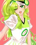  1girl braid cookie_run green_eyes green_hair high_ponytail highres humanization jychan_0426 lime_cookie personification ponytail single_braid skirt solo sportswear tongue upper_body white_skirt 